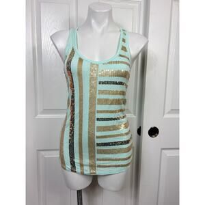 2B Bebe Sequin Stripe Blue Green Top Racer Back Size M NWOT Rayon/Spandex